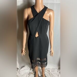 Topshop Black Halter Bodycon Dress Lace Hem Cutout Midi Size 8 US 12 UK
